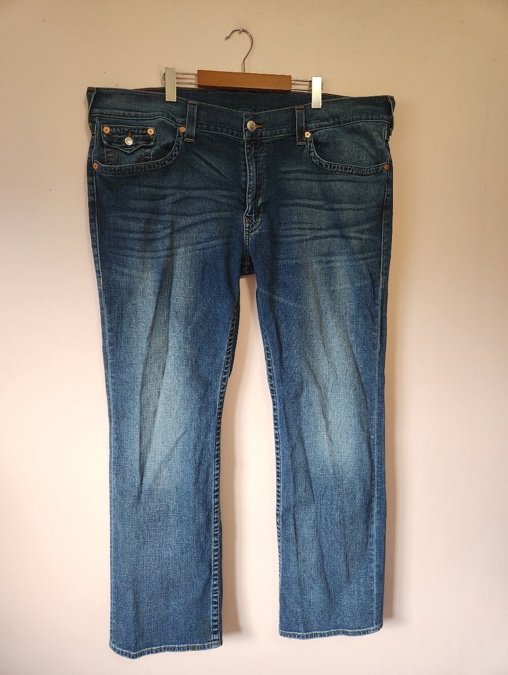 True Religion Straight Flap Jeans Sz 44 Thick Stitch Y2K Streetwear Blue Denim
